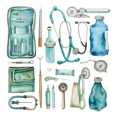 clipart watercolor bundle of doctor equipment in the hospital