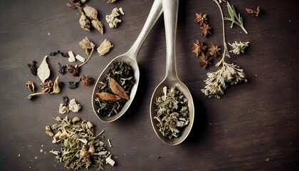 Different tea and dried herbs in vintage spoon - obrazy, fototapety, plakaty