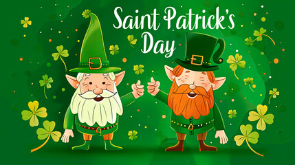 Leprechauns with green hats and clovers for Saint Patrick's Day on festive background. Greeting card or wallpaper.