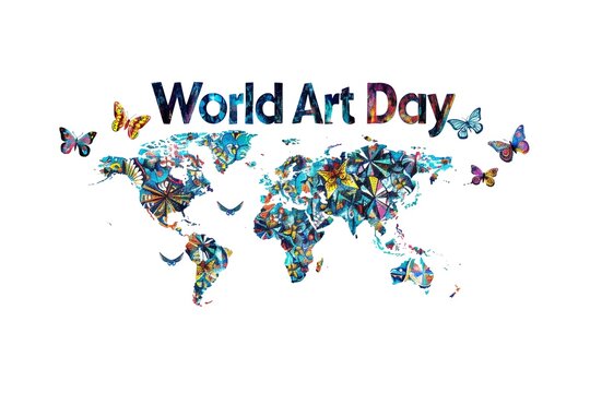 world art day. Splash paint. map with butterflies