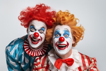 Two clowns with vibrant red hair and painted faces, sharing a joyful moment.