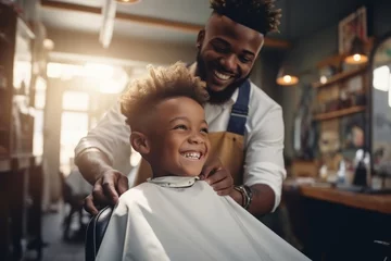 Foto auf Acrylglas Antireflex joyful barber with a child, sharing a happy moment during a haircut © Archil