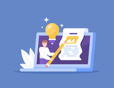 Copywriting concept. A copywriter is creating articles or contents on a laptop. write texts for advertising purposes and attract customers' interest. illustration concept design. graphic elements