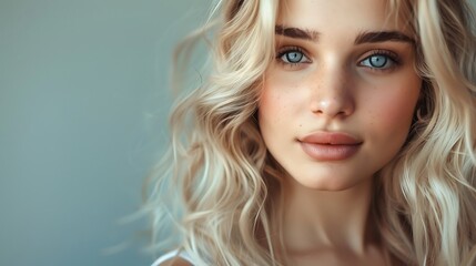 Naklejka premium portrait of a woman. beautiful blonde woman with wavy medium-long hair, healthy skin looks at the camera and natural makeup of a young beautiful model on a studio background, place for text, c