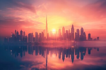 Naklejka premium Majestic Sunset Over Dubai Skyline with Reflections on Water, Featuring Burj Khalifa and Modern Architectural Marvels