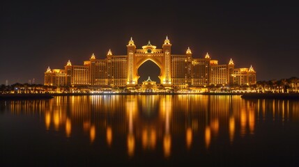 Fototapeta na wymiar Majestic Nighttime Reflections of the Iconic Atlantis The Palm Resort Illuminated in Golden Lights, Set Against the Tranquil Waters in Dubai, Symbolizing Luxury Travel and Exotic Destinations
