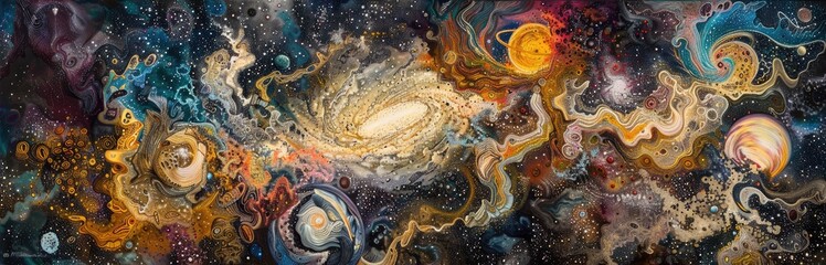 Abstract formations resembling planetary orbits and cosmic trajectories against a backdrop of swirling galaxies