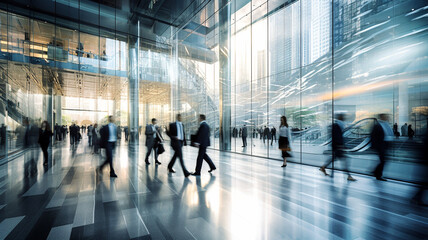 Business workplace with people walking with blurred motion in the office area - 750490859