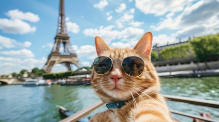 Whiskered Wanderlust: Adorable Ginger Cat Capturing a Selfie in Front of the Iconic Eiffel Tower, A Charming Blend of Parisian Culture and Playful Pet Travel - obrazy, fototapety, plakaty