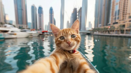 Curious Ginger Cat Enjoying a Boat Ride Against a Stunning Urban Skyline: A Perfect Blend of City Vibes and Animal Leisure for a Delightful Travel Experience