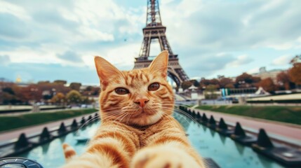 Whiskered Wanderlust: Adorable Ginger Cat Capturing a Selfie in Front of the Iconic Eiffel Tower, A Charming Blend of Parisian Culture and Playful Pet Travel - obrazy, fototapety, plakaty