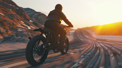 Sunset ride blazoned with freedom, a motorcyclist carves a path along the desert's veins.