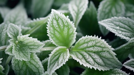 Frozen leaves of plant in winter
