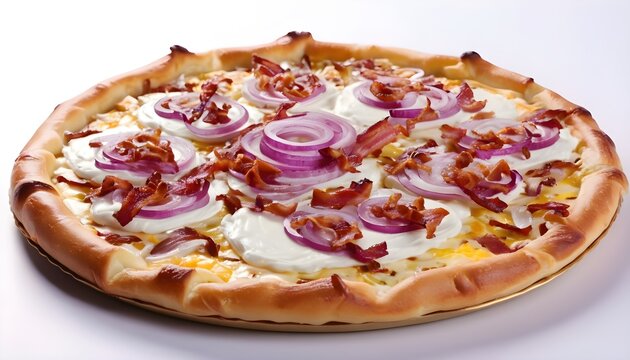 Flammkuchen or tarte flambee with cream cheese, bacon and onions.  Isolated on white background.