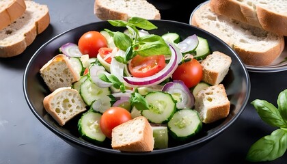 Fresh Vegetarian Panzanella salad with tomatoes, onion and Croutons. Isolated on white background.