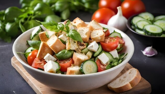 Fresh Vegetarian Panzanella salad with tomatoes, onion and Croutons. Isolated on white background.
