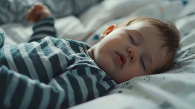 Serene slumber of an infant, swaddled in dreams on a patterned crib sheet.