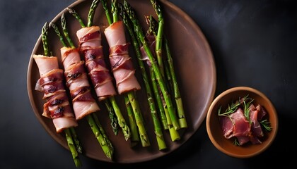 Fried bacon wrapped  asparagus in a grill skillet.  Isolated, white background - obrazy, fototapety, plakaty