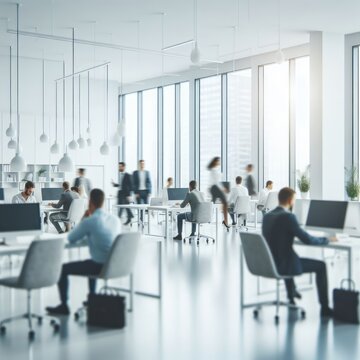 White, light gray, and sky blue business offices with blurred people's casual wear.
