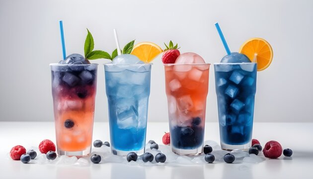 Frozen fruit ice and cold tea . Soft drinks, drinks and cocktails.white background