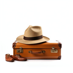 hat, suitcase, leather, bag, brown, travel, object, luggage, black, accessory, case, old, briefcase, vintage, business, fashion, clothing, cowboy, antique, retro, box, handle, isolated, clothes, portf