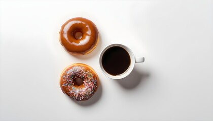 glazed donuts with cup of coffee, Doughnut. Isolated on white background, top view.