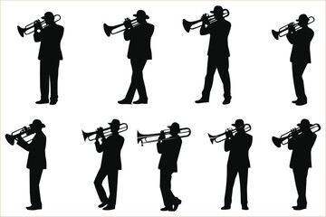 Silhouette of Trumpet Player, Trumpet Player Silhouette vector - obrazy, fototapety, plakaty