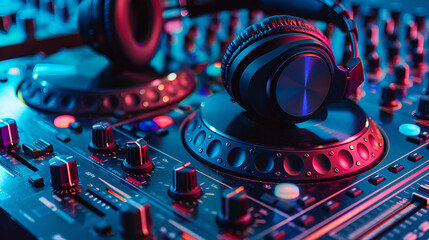 DJ Mixer with headphones. Elements and details of artists working tools - DJ console with knobs and...