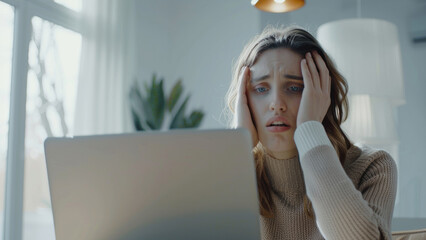 Young woman distressed with hands on face staring at laptop screen. - obrazy, fototapety, plakaty