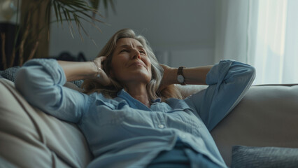 Obraz premium Relaxed senior woman lounging on a sofa, enjoying a peaceful moment in a cozy room.