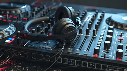 Party dj headphones with powerful bass.Equipment for nightclub.Disc jockey digital cd player...