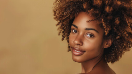 Portrait of a radiant young woman with curly hair and a confident, gentle smile on a beige backdrop.