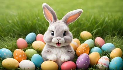 Fototapeta na wymiar Happy Bunny with many Easter eggs on grass.