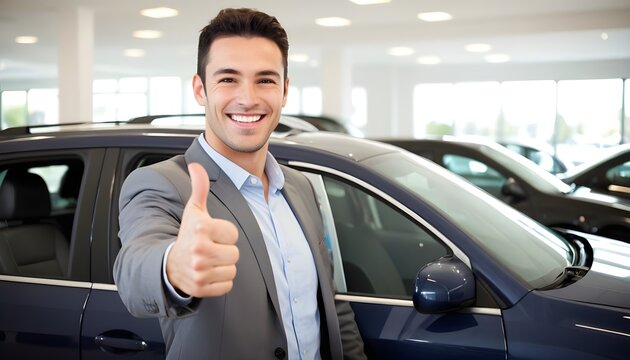 Happy customer buying new car at dealership.