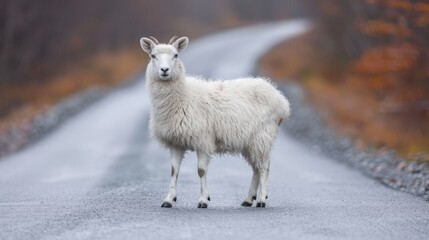 Fototapeta premium Curious Icelandic Sheep Wanders onto Road
