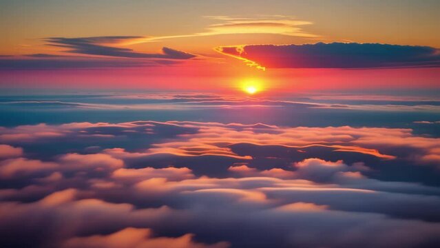Behold the kaleidoscope of colors as day bids farewell. Aerial time-lapse reveals the majestic beauty above the clouds.
