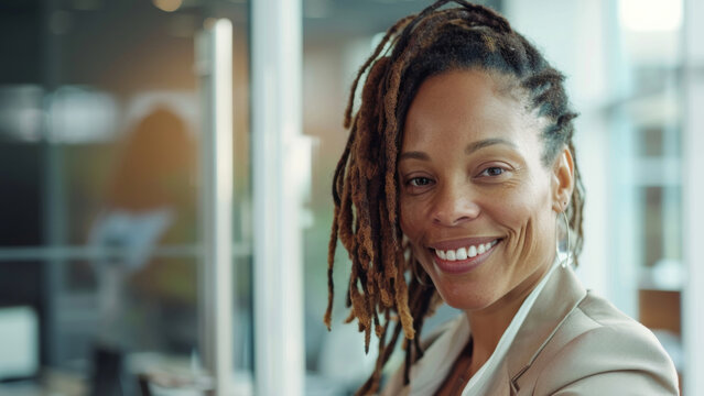 Smiling businesswoman with dreadlocks in a modern, bright office setting.