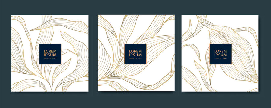 Vector set of gold design floral patterns, leaf modern ornament, vintage elegant flowers, nature royal package. Wave line graphic art cards