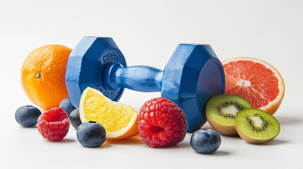 Healthy food concept with blue dumbbell with clean fruit