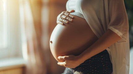 Close-up of a pregnant woman's belly. Expectant mother touching and caressing her pregnant belly. Concept of motherhood, mother-to-be and new life. - obrazy, fototapety, plakaty