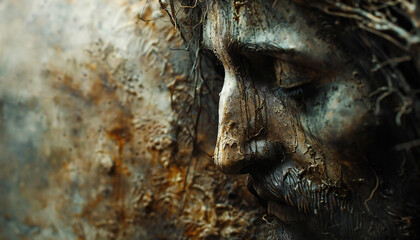 Fototapeta na wymiar Recreation of figure of face of Jesus Christ together a damaged surface