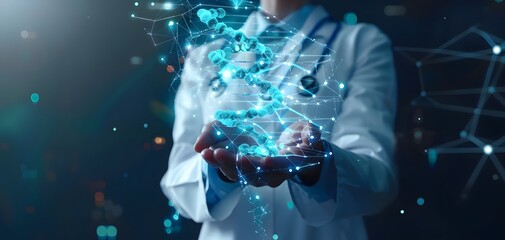Medicine doctor touching electronic medical record on tablet. DNA. Digital healthcare and network connection on hologram modern virtual screen interface, medical technology and network concept.