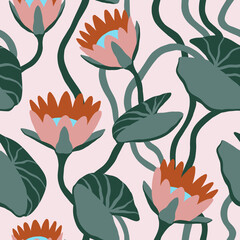 Floral seamless pattern with graphic water lilies. Seamless background with lotuses.