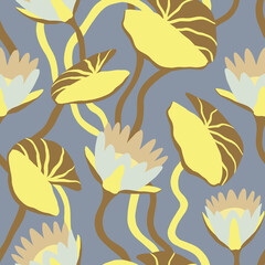Floral seamless pattern with graphic water lilies. Seamless background with lotuses. - 750494239