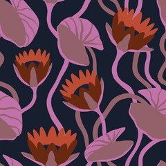 Floral seamless pattern with graphic water lilies. Seamless background with lotuses.