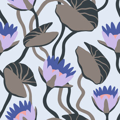 Floral seamless pattern with graphic water lilies. Seamless background with lotuses. - 750494255
