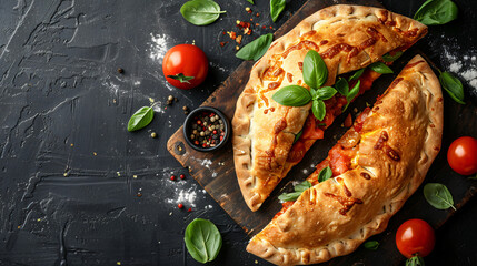 Home made italian calzone vegetarian pizza with tomato