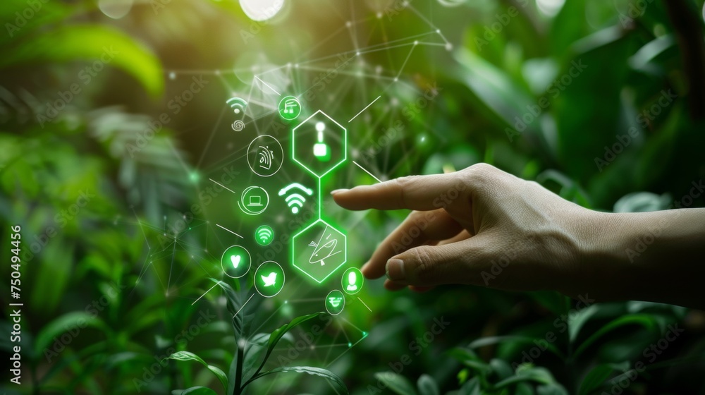 Aufkleber an environment icon will be touched over a network connection on a nature background, an ecological 