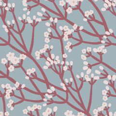 Floral seamless pattern with graphic flowers on branches. Seamless background with spring flowers. - 750494403