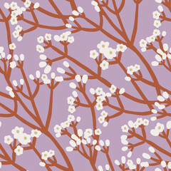 Floral seamless pattern with graphic flowers on branches. Seamless background with spring flowers. - 750494413
